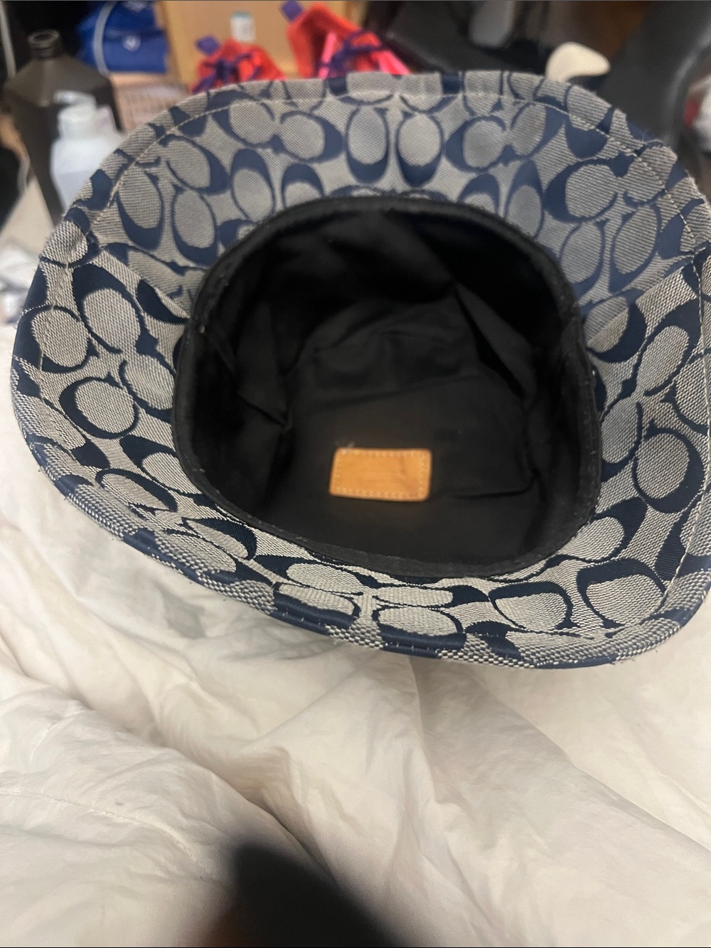Coach Navy and Tan Signature Print Bucket Hat